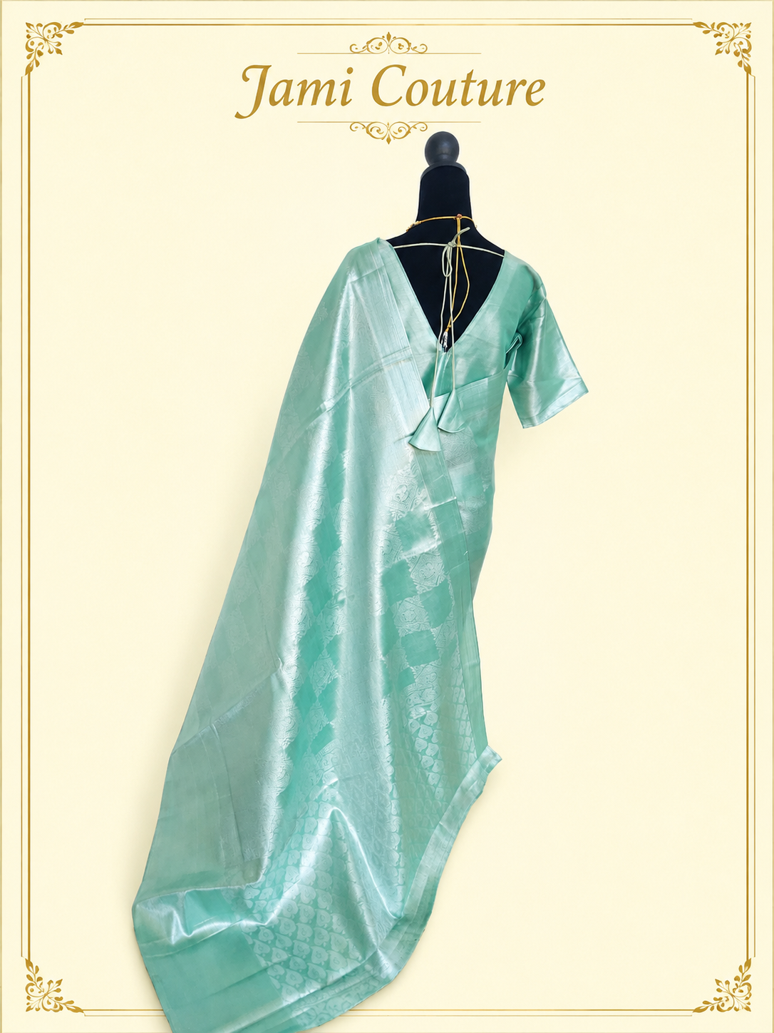 Sea Green Tissue Silk Saree with Silver Zari Weave | Matching Stitched Blouse