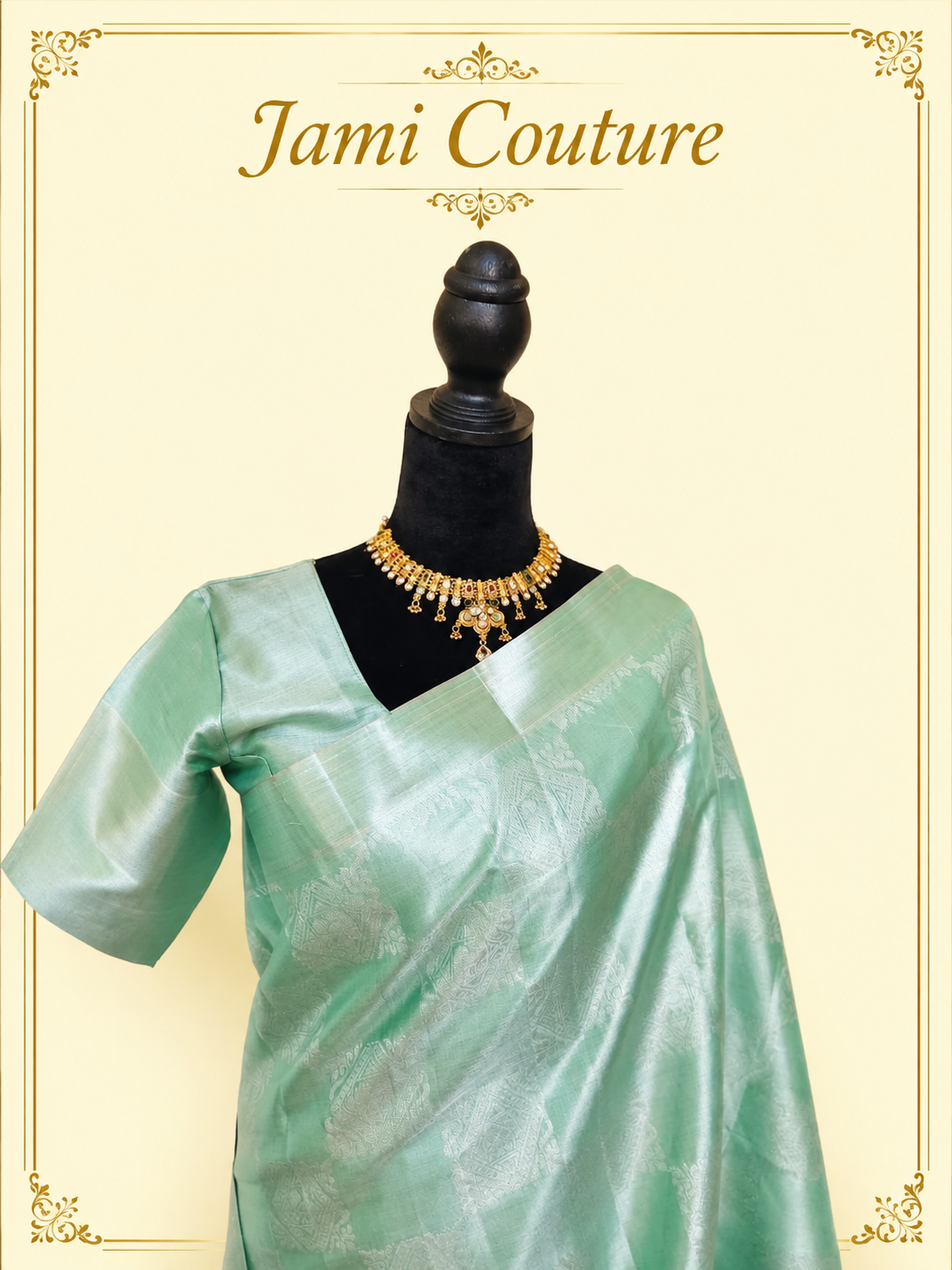Sea Green Tissue Silk Saree with Silver Zari Weave | Matching Stitched Blouse