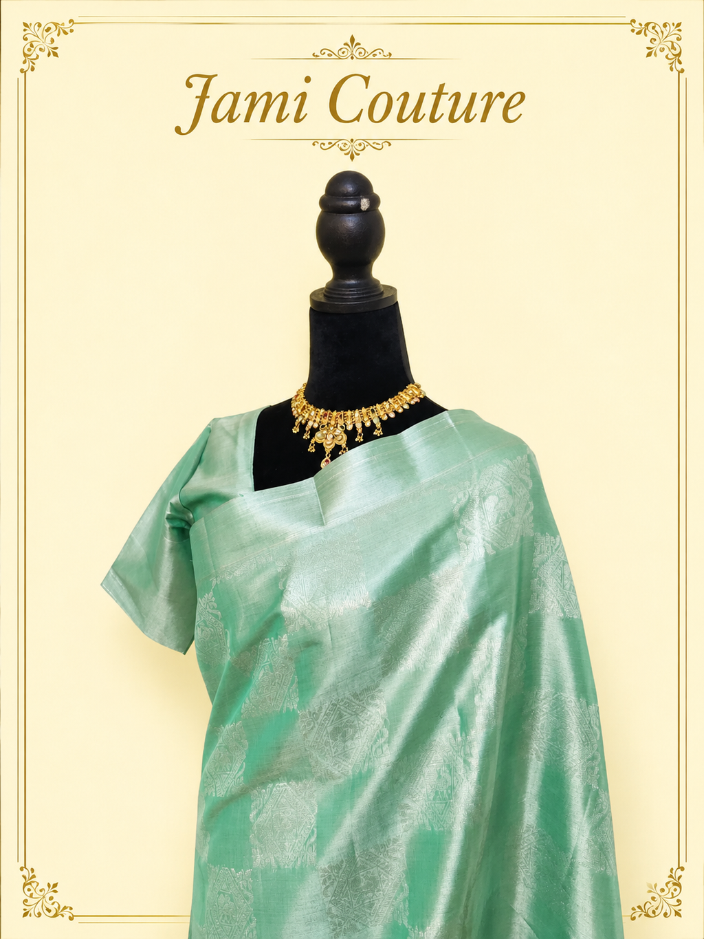 Sea Green Tissue Silk Saree with Silver Zari Weave | Matching Stitched Blouse