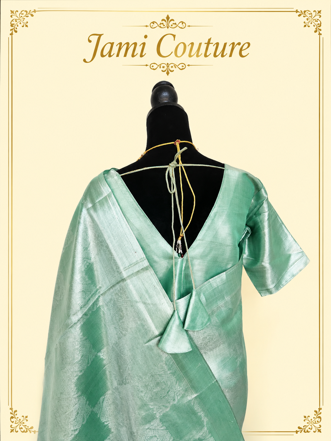 Sea Green Tissue Silk Saree with Silver Zari Weave | Matching Stitched Blouse