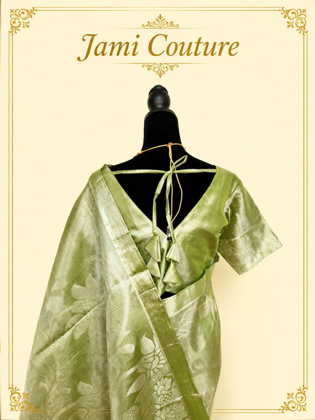 Olive Green Tissue Silk Saree with Silver Floral Zari Weave | Matching Stitched Blouse