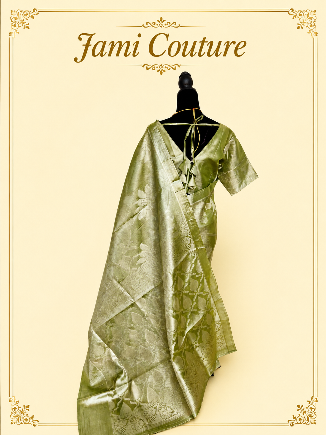 Olive Green Tissue Silk Saree with Silver Floral Zari Weave | Matching Stitched Blouse