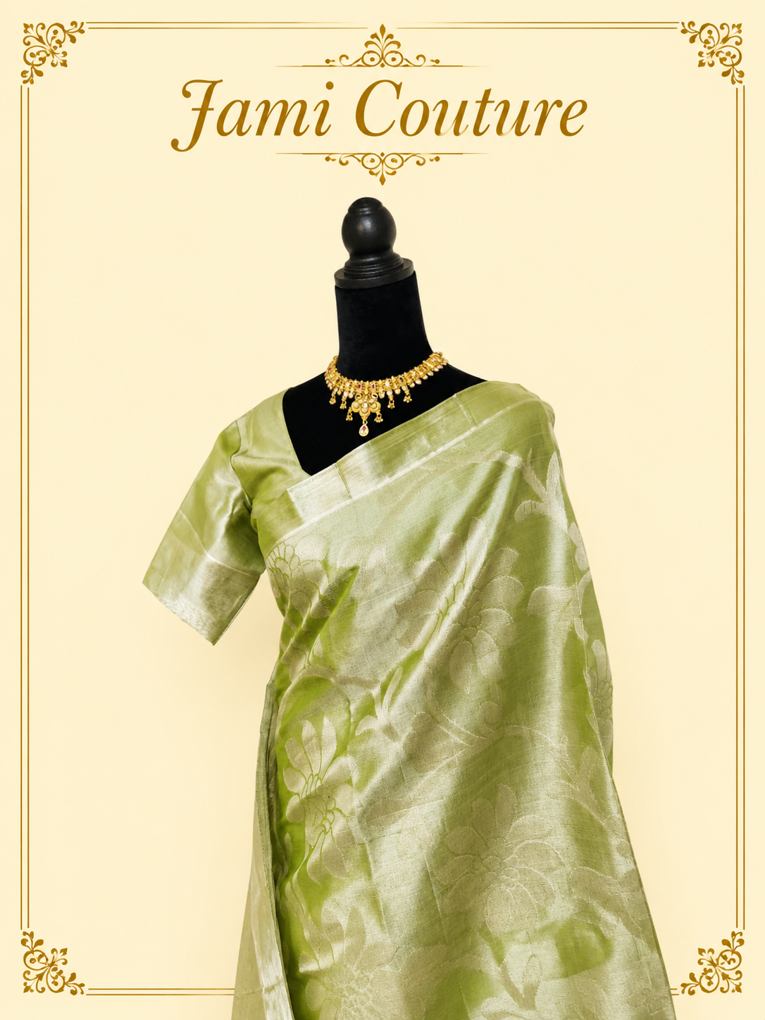 Olive Green Tissue Silk Saree with Silver Floral Zari Weave | Matching Stitched Blouse