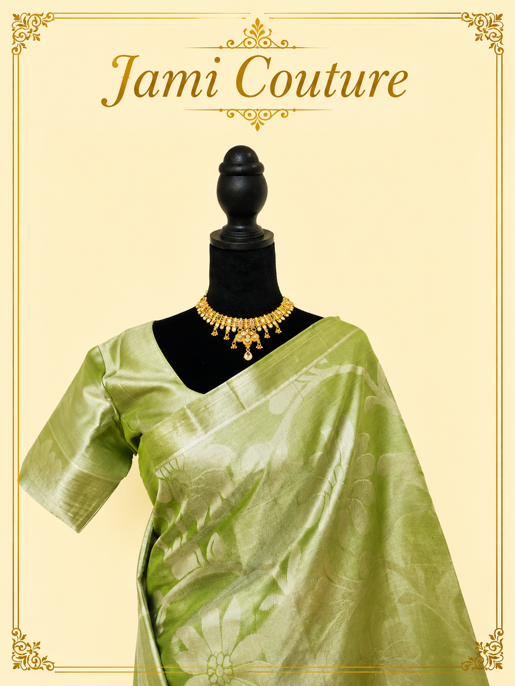 Olive Green Tissue Silk Saree with Silver Floral Zari Weave | Matching Stitched Blouse
