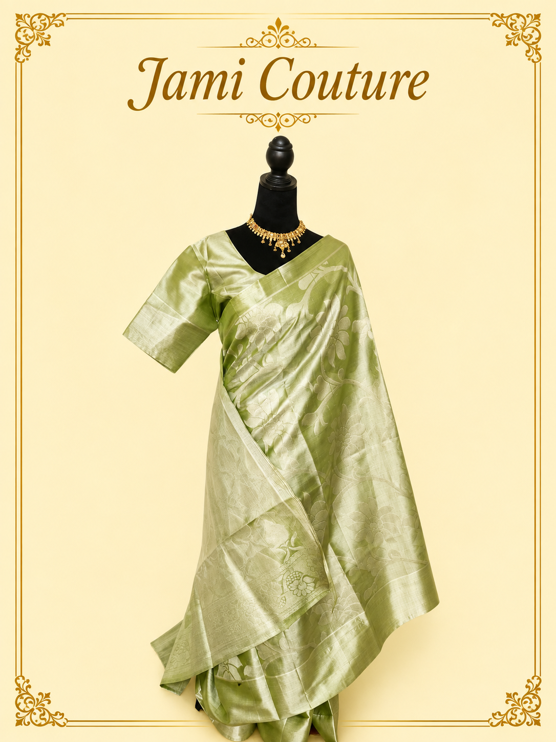 Olive Green Tissue Silk Saree with Silver Floral Zari Weave | Matching Stitched Blouse