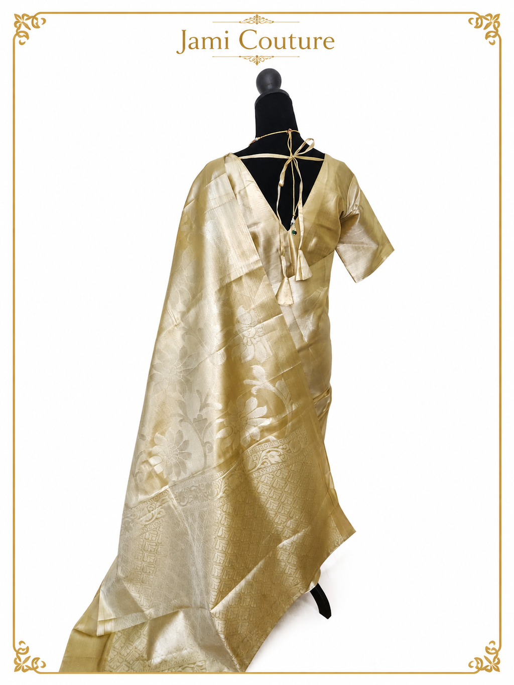 Champagne Gold Tissue Silk Saree with Floral Zari Weave | Matching Stitched Blouse