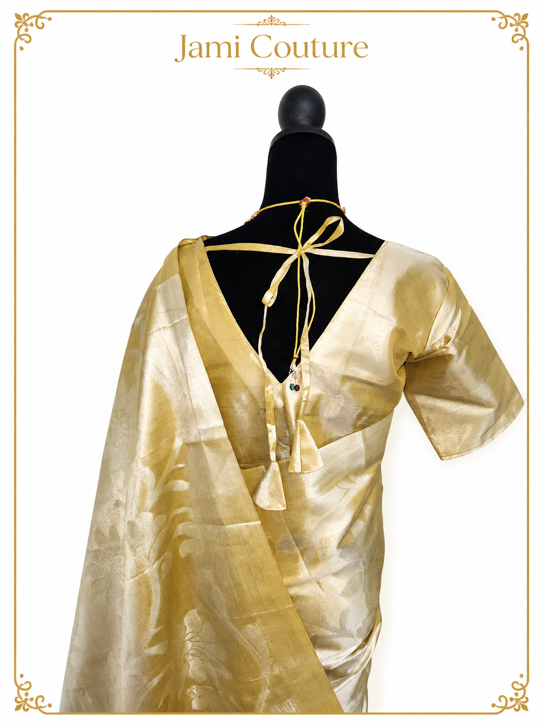 Champagne Gold Tissue Silk Saree with Floral Zari Weave | Matching Stitched Blouse