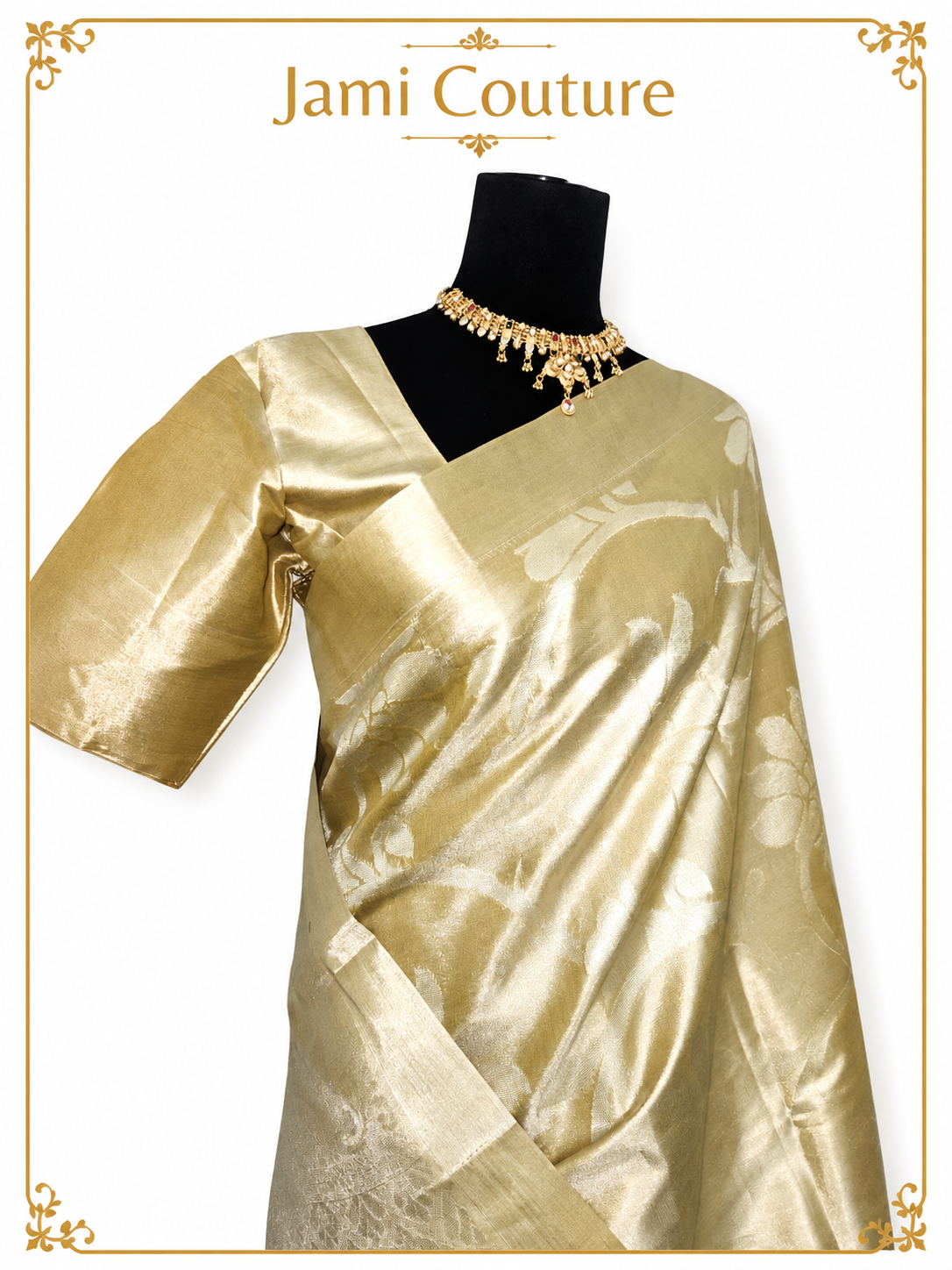 Champagne Gold Tissue Silk Saree with Floral Zari Weave | Matching Stitched Blouse
