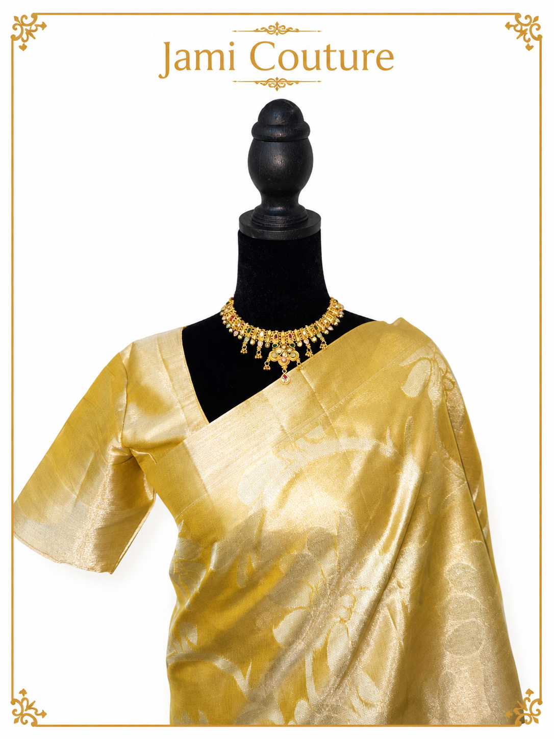 Champagne Gold Tissue Silk Saree with Floral Zari Weave | Matching Stitched Blouse