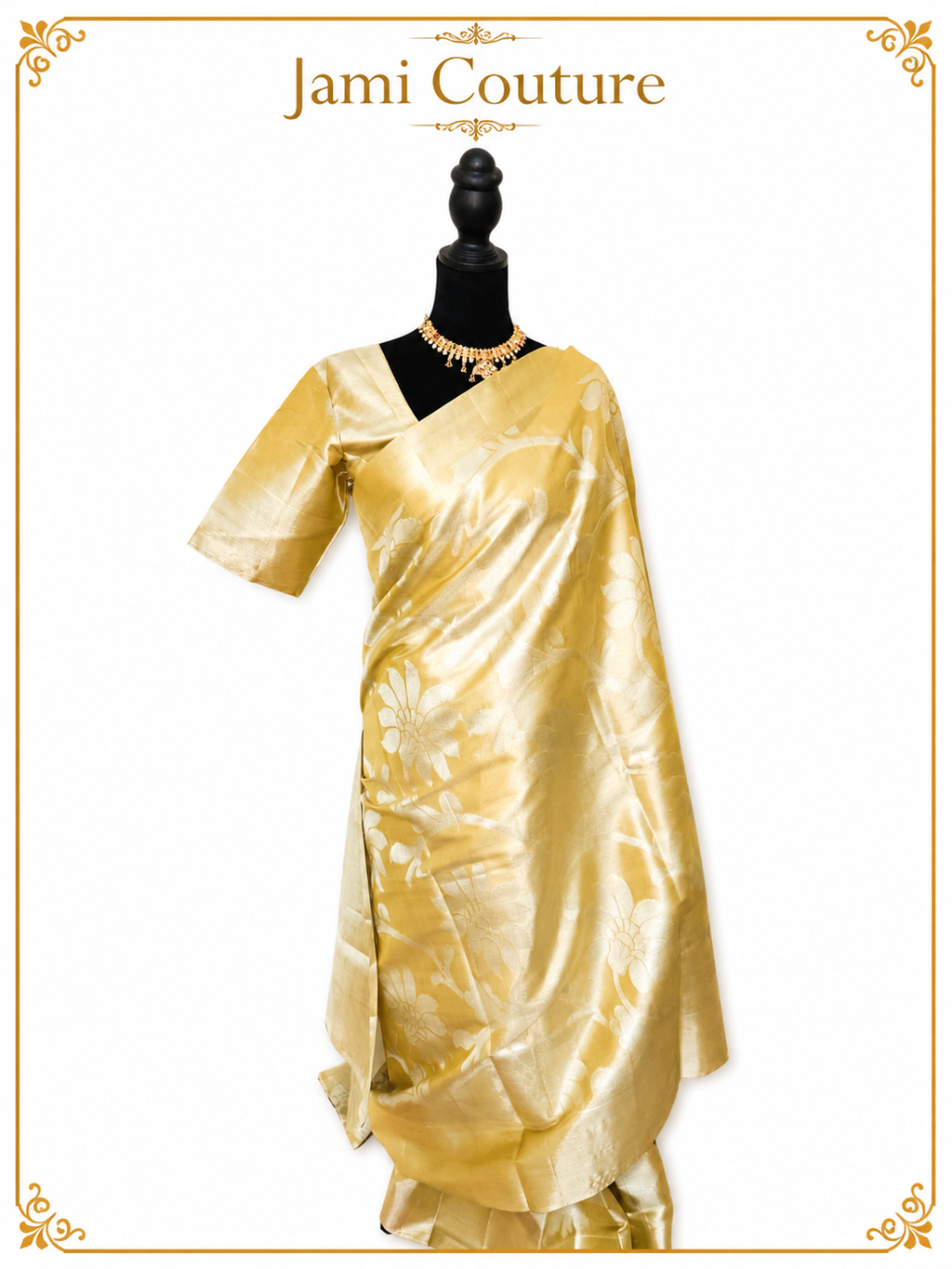Champagne Gold Tissue Silk Saree with Floral Zari Weave | Matching Stitched Blouse