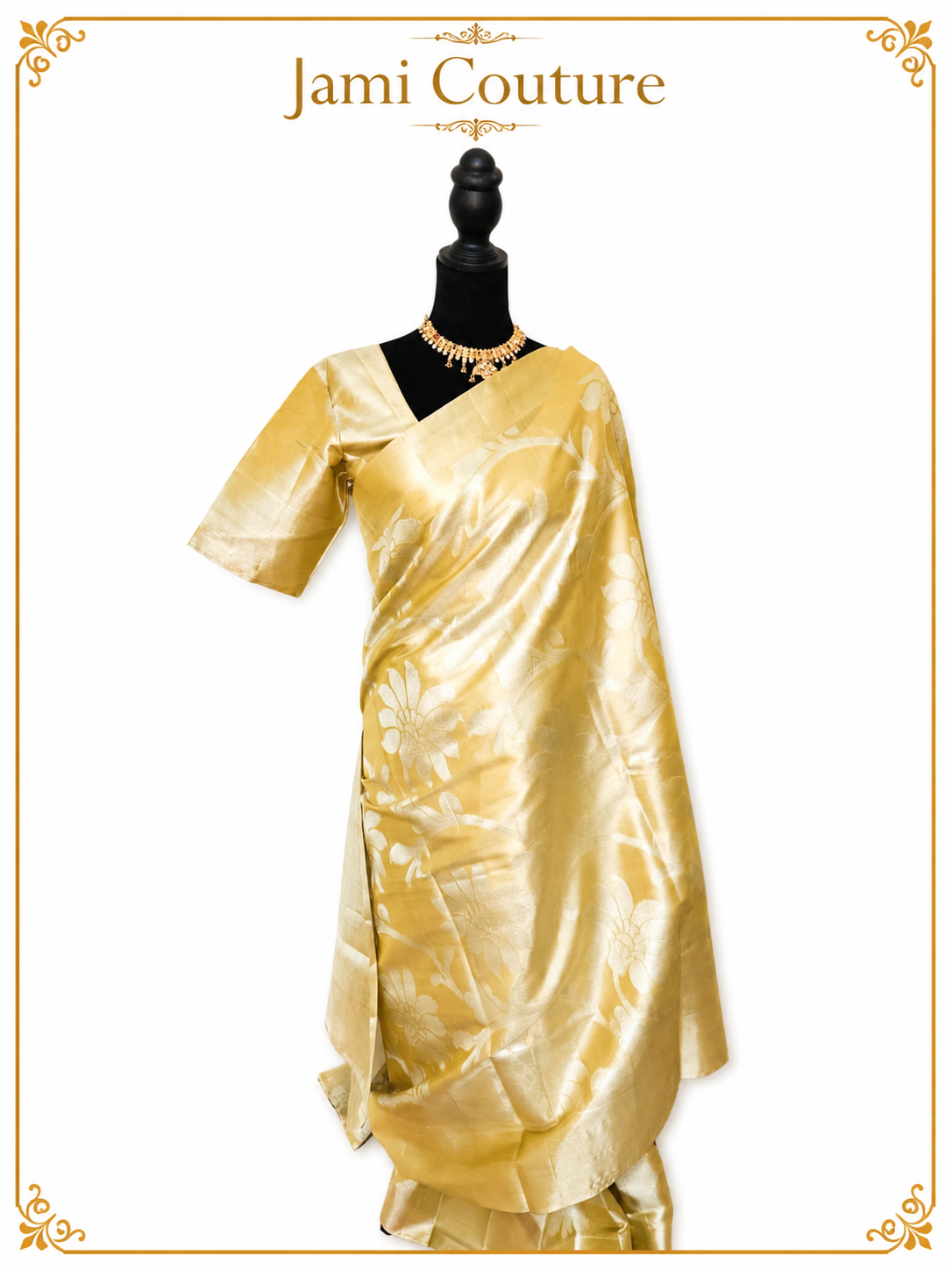 Champagne Gold Tissue Silk Saree with Floral Zari Weave | Matching Stitched Blouse