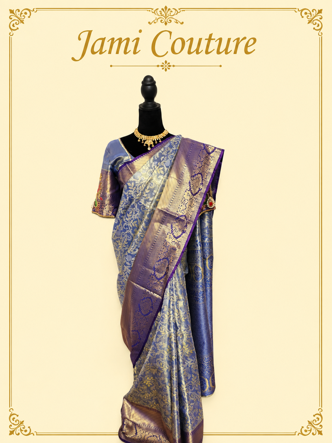 Full-length front view of the steel blue Kanchivaram silk saree with purple border