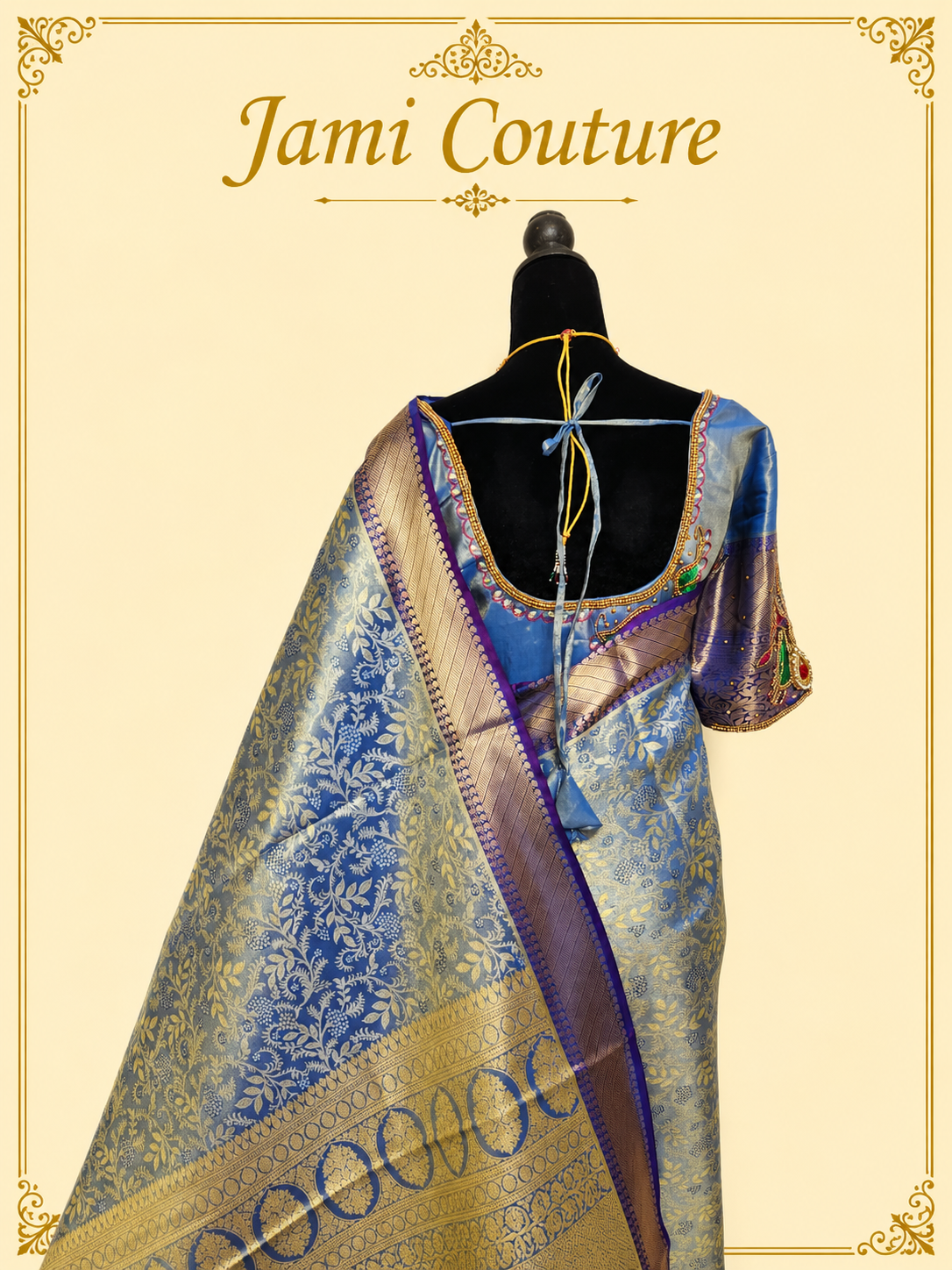 Back view of the steel blue Kanchivaram saree with the gold zari pallu and blouse tie closure