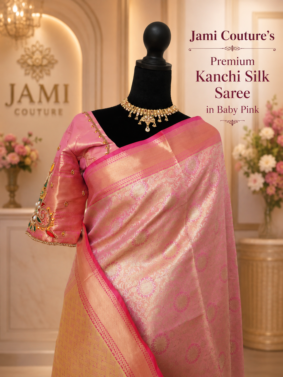 Baby Pink Kanchivaram Silk Saree with Gold Zari Weave | Maggam Work Stitched Blouse