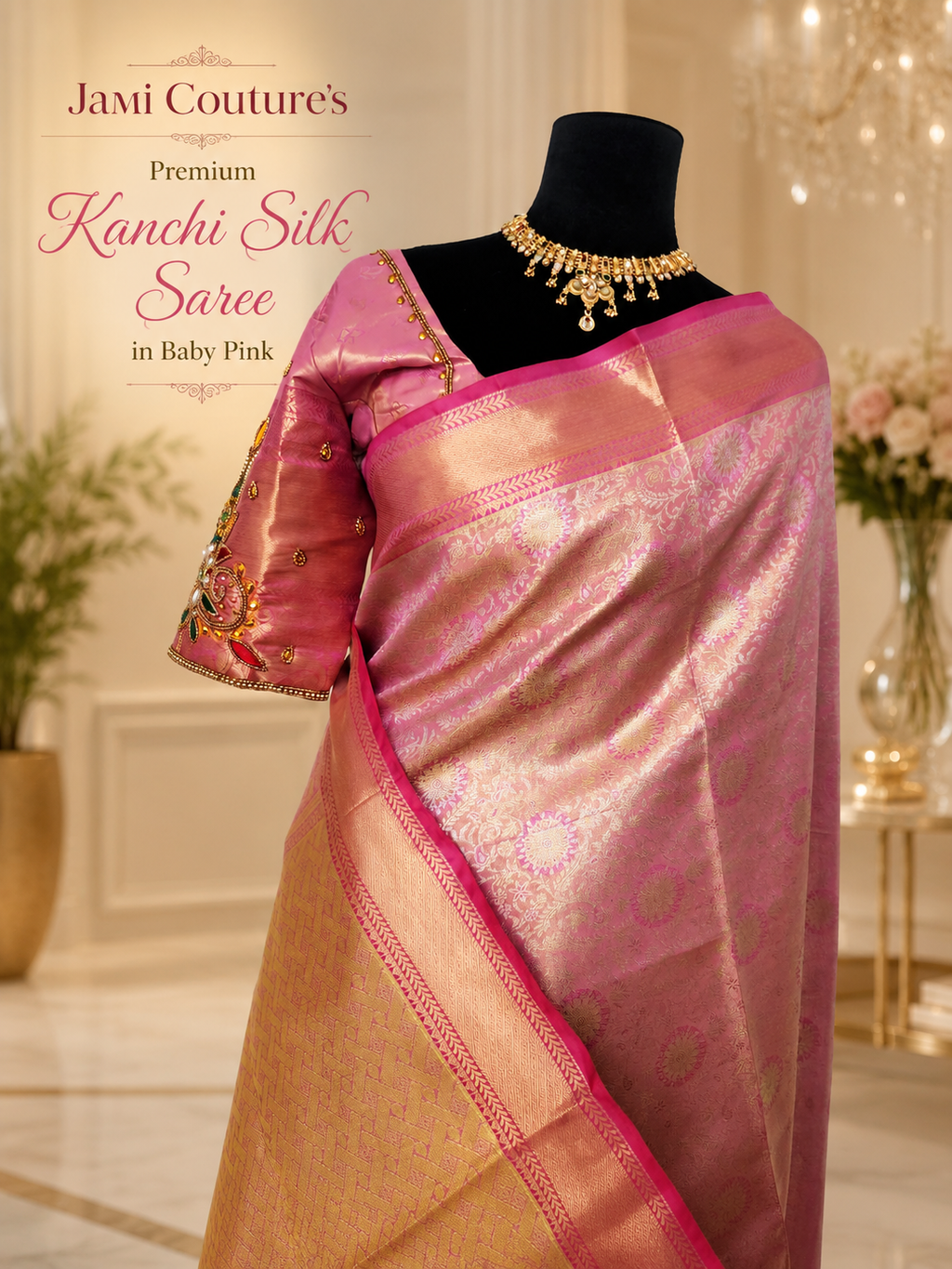 Baby Pink Kanchivaram Silk Saree with Gold Zari Weave | Maggam Work Stitched Blouse
