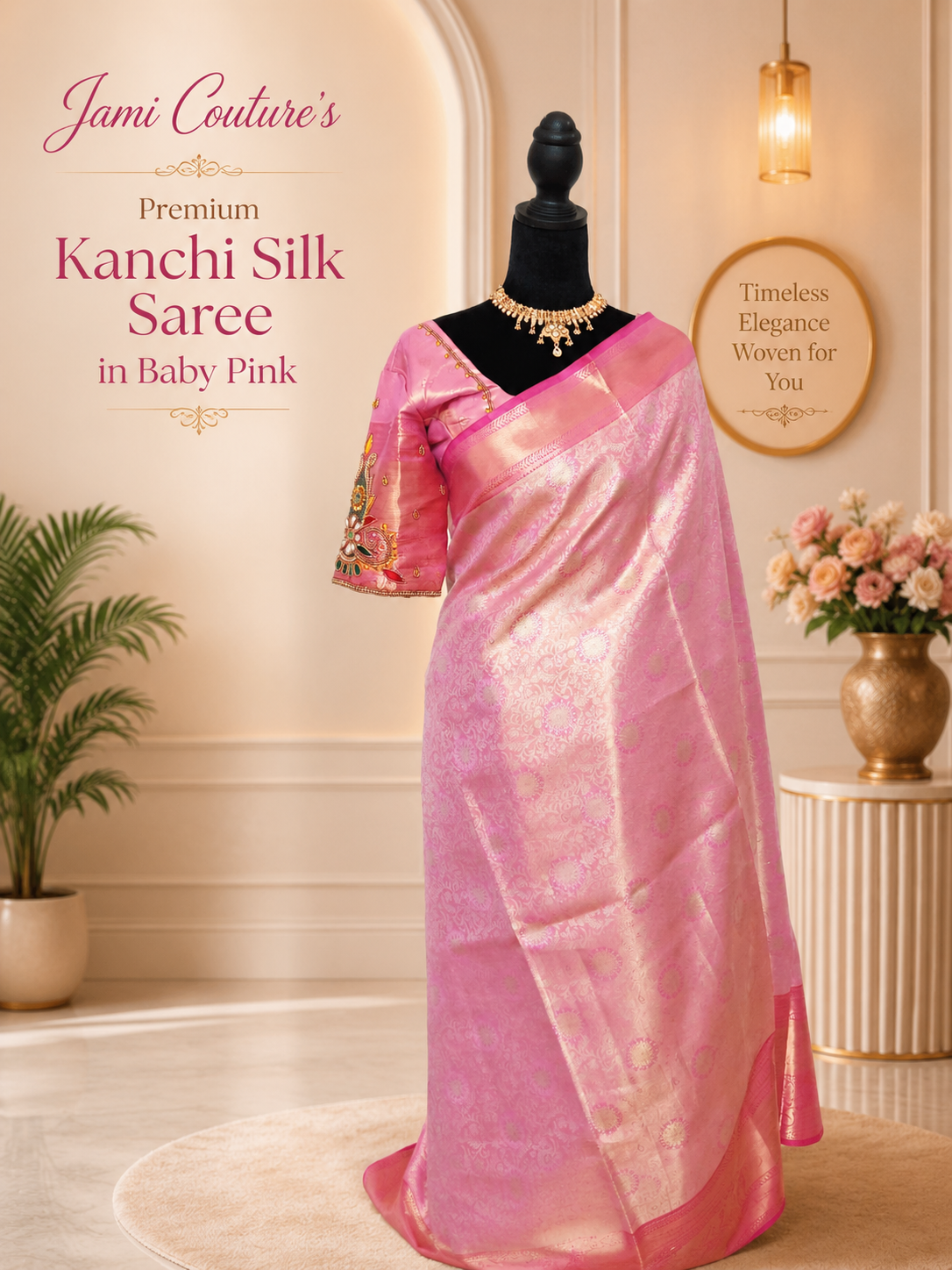 Baby Pink Kanchivaram Silk Saree with Gold Zari Weave | Maggam Work Stitched Blouse