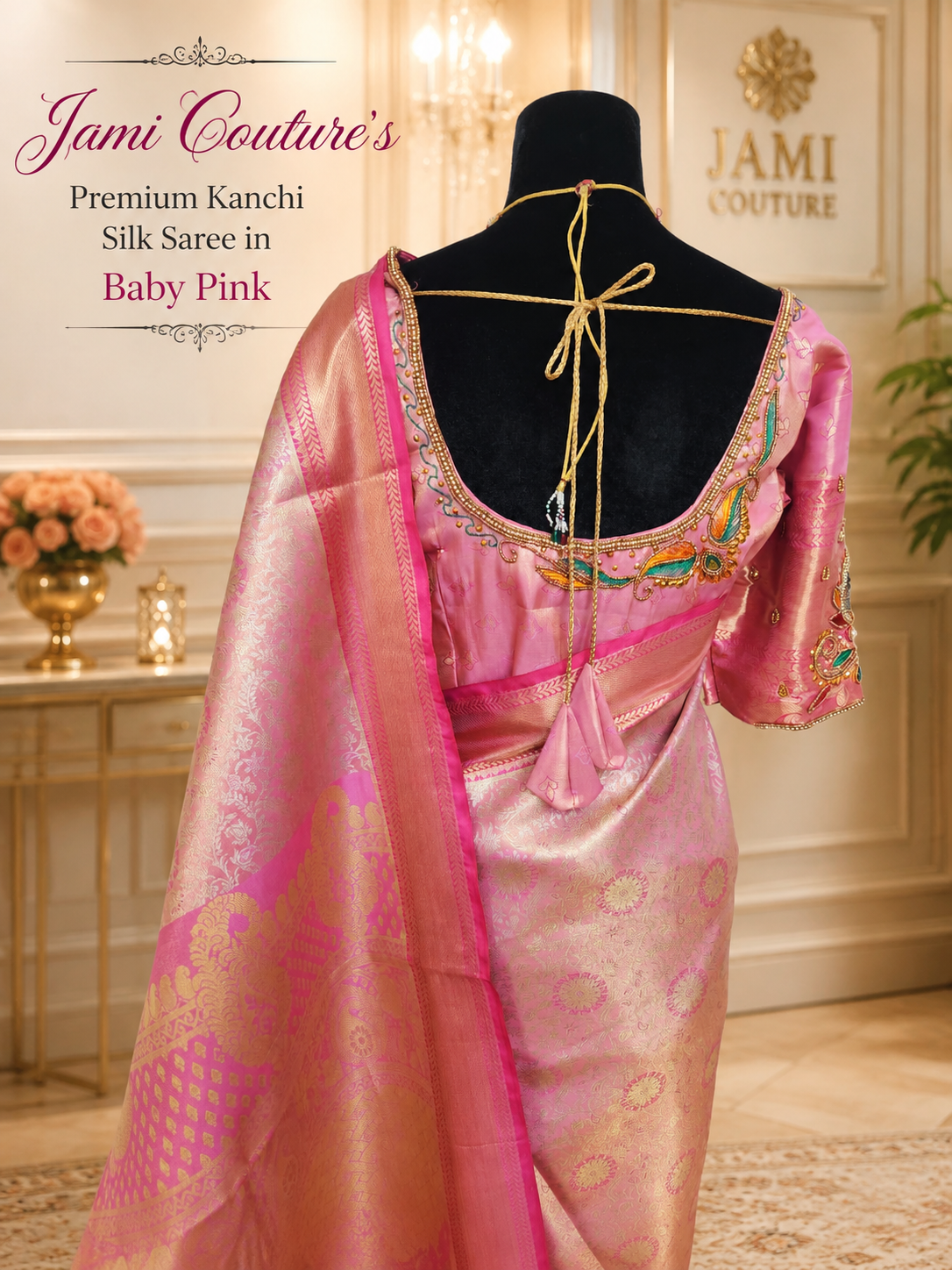Baby Pink Kanchivaram Silk Saree with Gold Zari Weave | Maggam Work Stitched Blouse