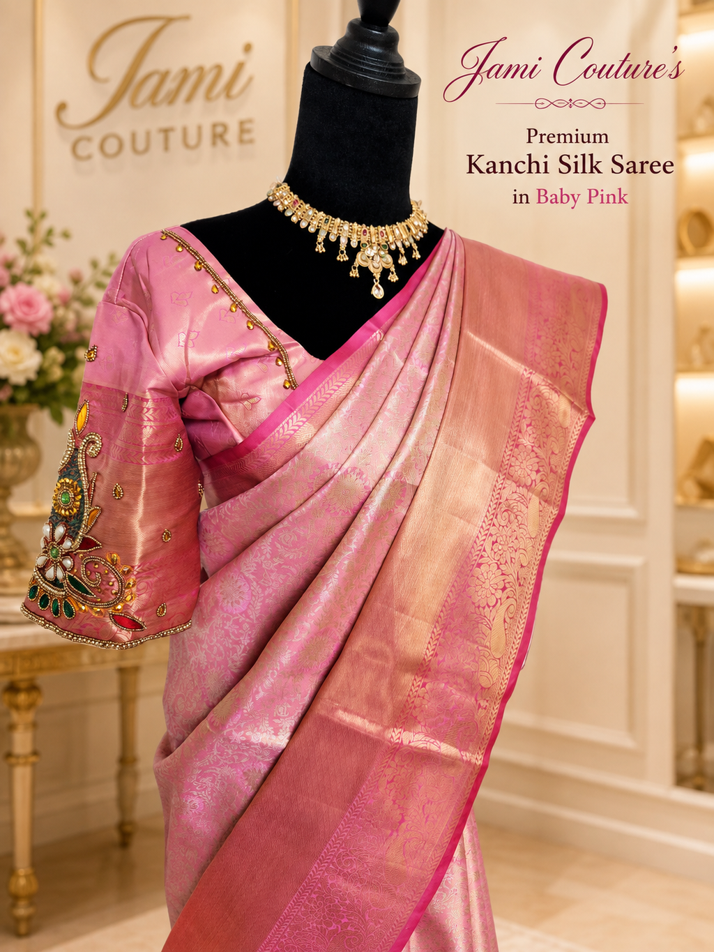 Baby Pink Kanchivaram Silk Saree with Gold Zari Weave | Maggam Work Stitched Blouse