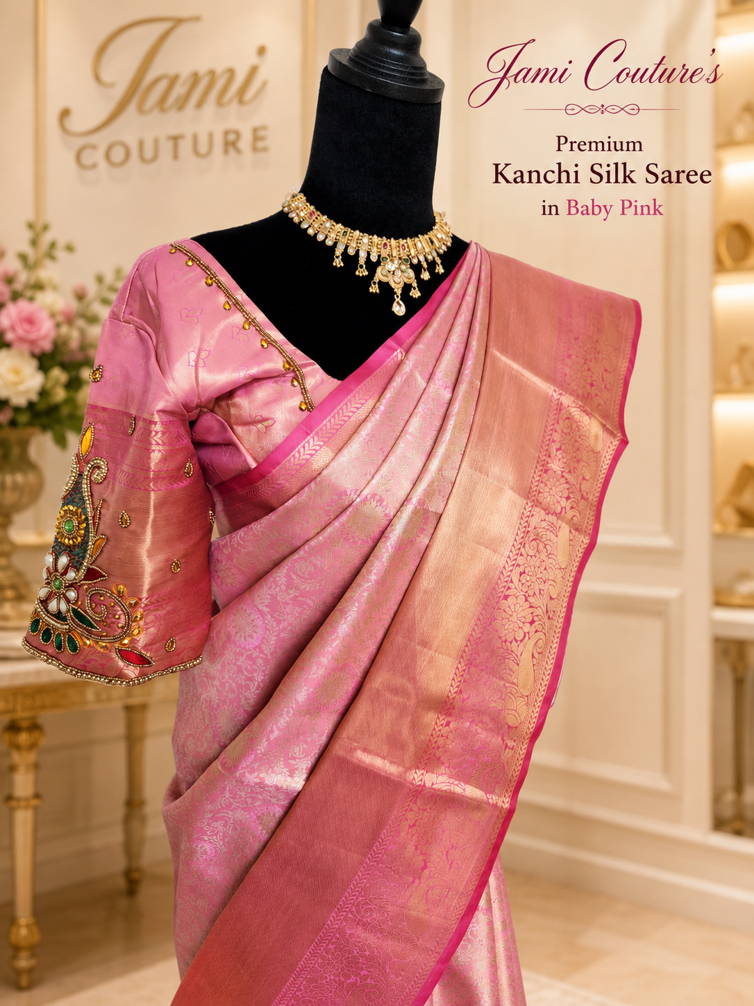 Baby Pink Kanchivaram Silk Saree with Gold Zari Weave | Maggam Work Stitched Blouse