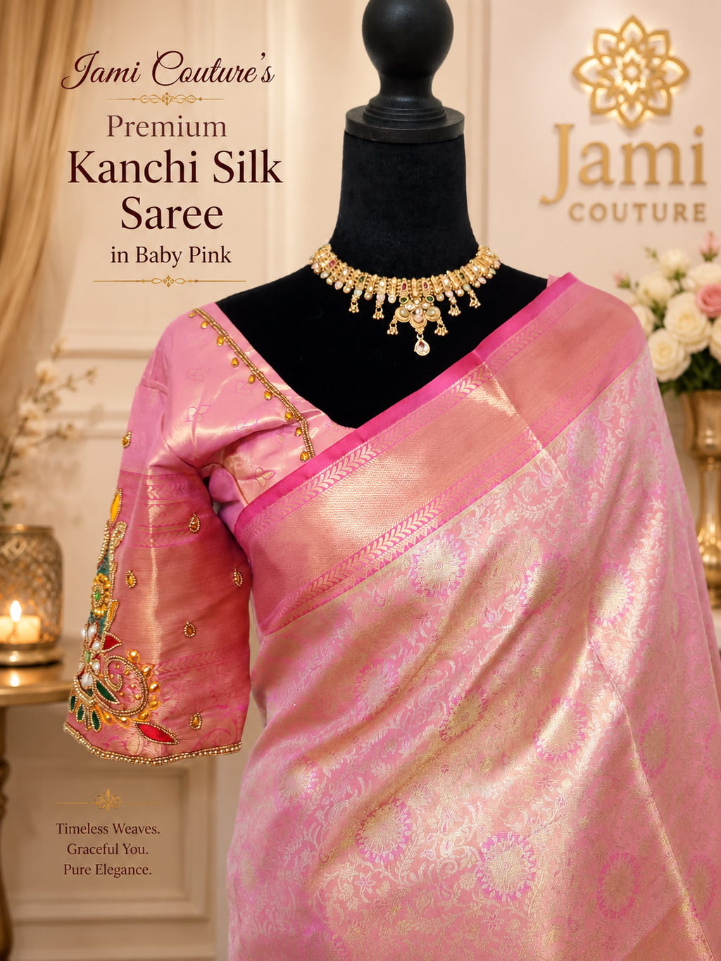Baby Pink Kanchivaram Silk Saree with Gold Zari Weave | Maggam Work Stitched Blouse