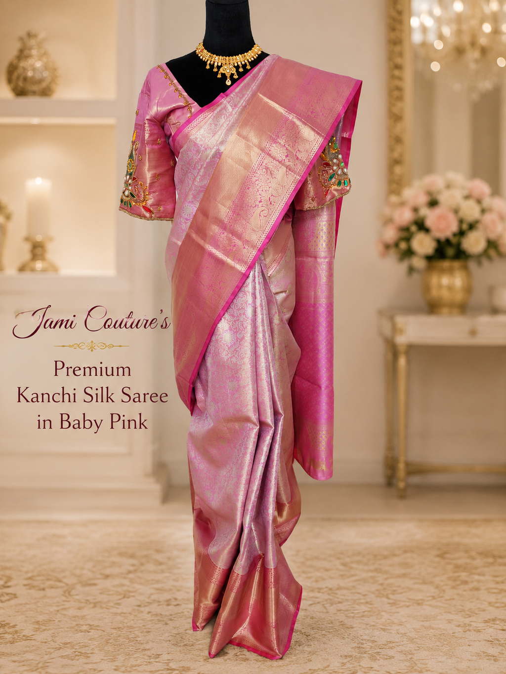 Baby Pink Kanchivaram Silk Saree with Gold Zari Weave | Maggam Work Stitched Blouse