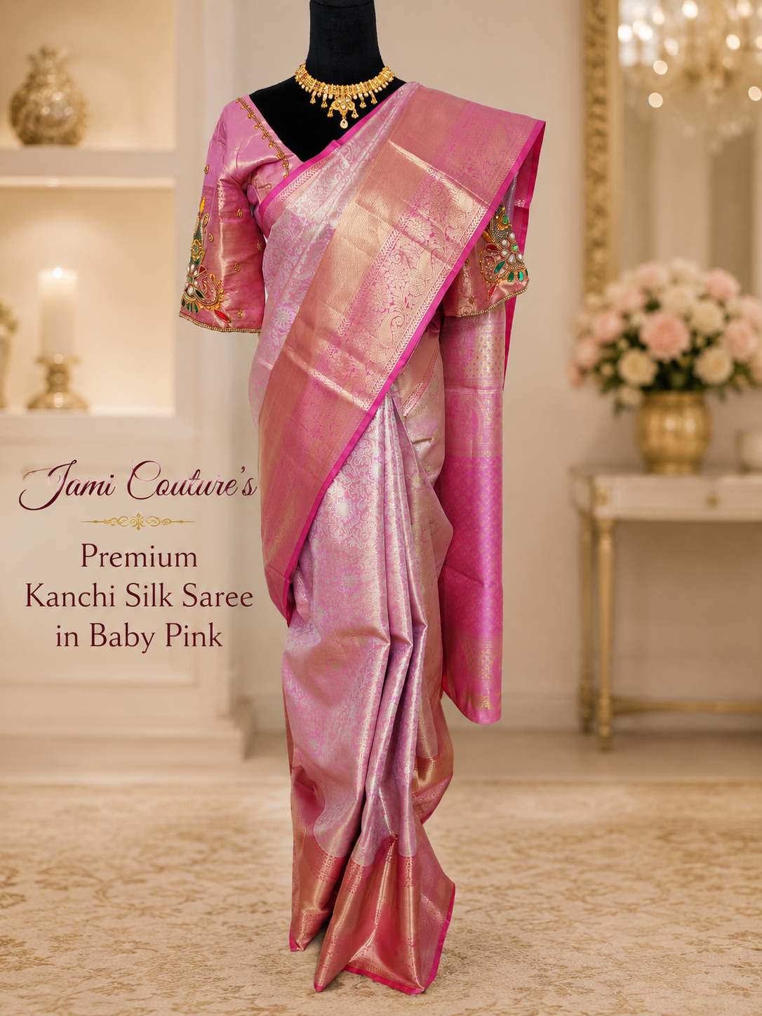 Baby Pink Kanchivaram Silk Saree with Gold Zari Weave | Maggam Work Stitched Blouse