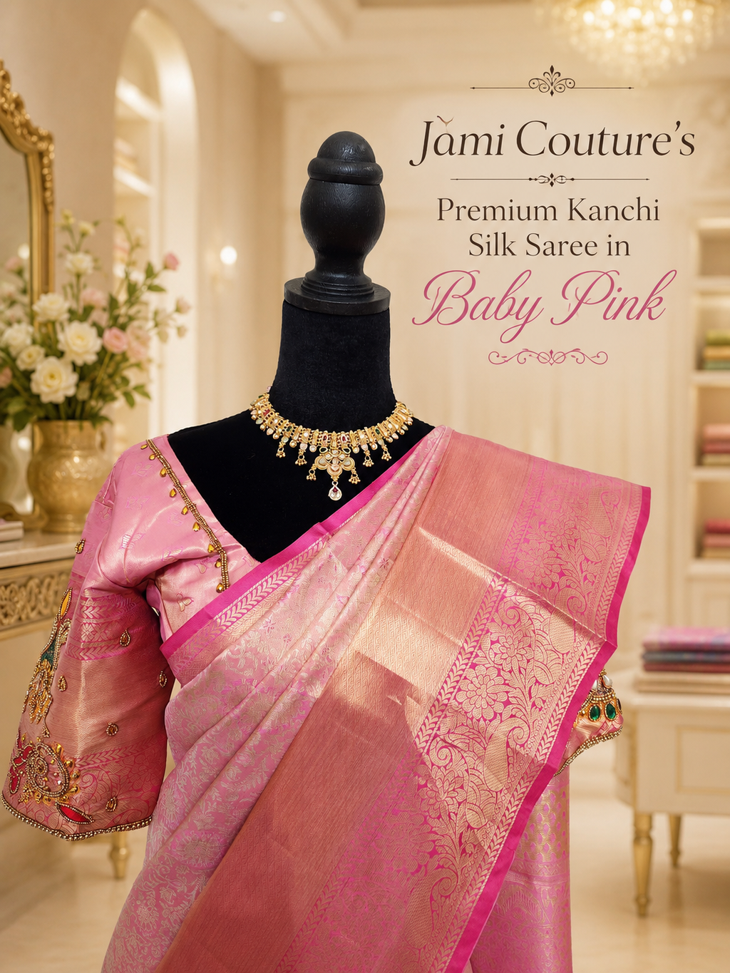 Baby Pink Kanchivaram Silk Saree with Gold Zari Weave | Maggam Work Stitched Blouse