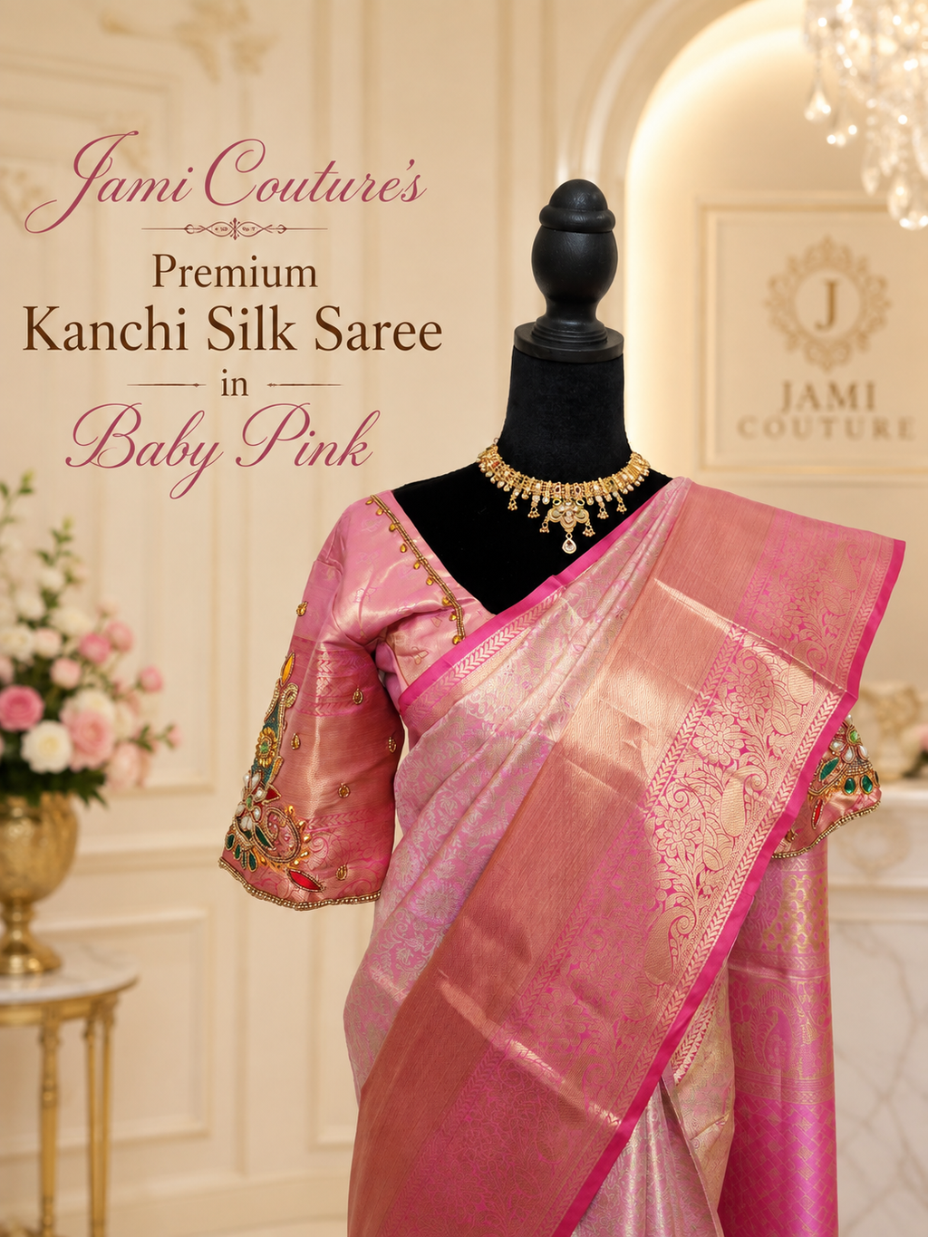 Baby Pink Kanchivaram Silk Saree with Gold Zari Weave | Maggam Work Stitched Blouse