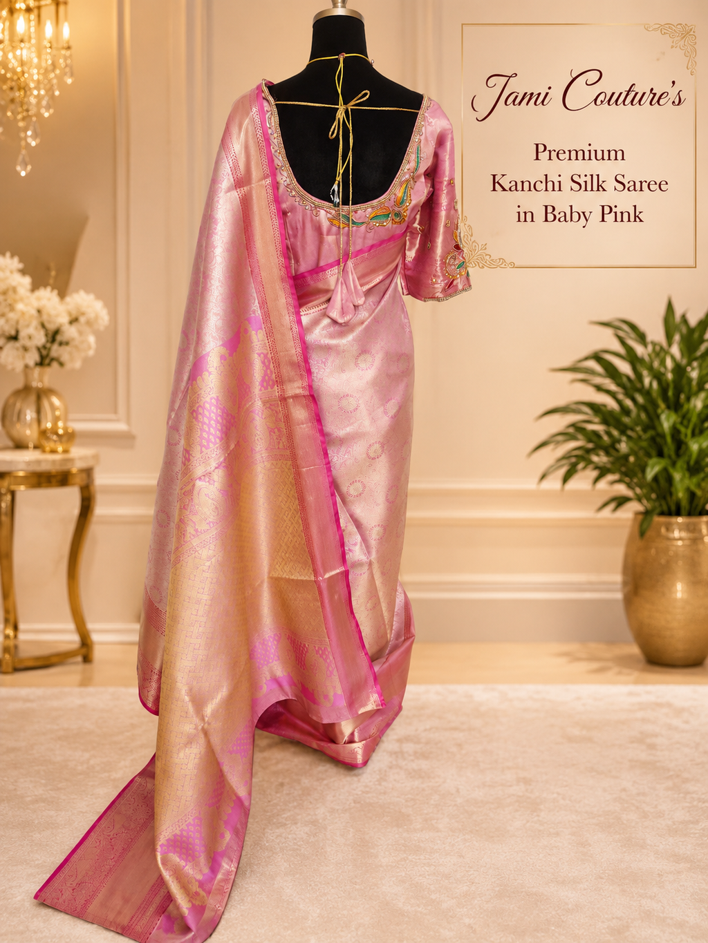 Baby Pink Kanchivaram Silk Saree with Gold Zari Weave | Maggam Work Stitched Blouse