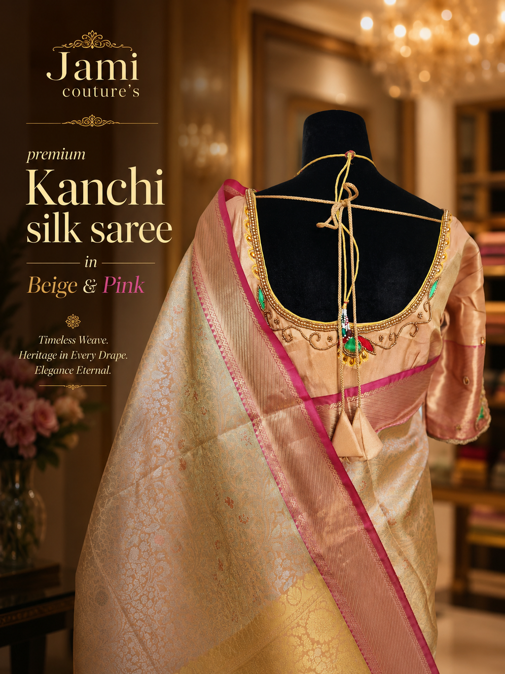 Gold Kanchivaram Silk Saree with Silver Brocade Weave & Pink Border | Maggam Work Stitched Blouse