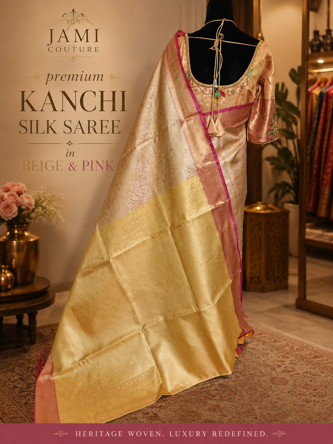 Gold Kanchivaram Silk Saree with Silver Brocade Weave & Pink Border | Maggam Work Stitched Blouse