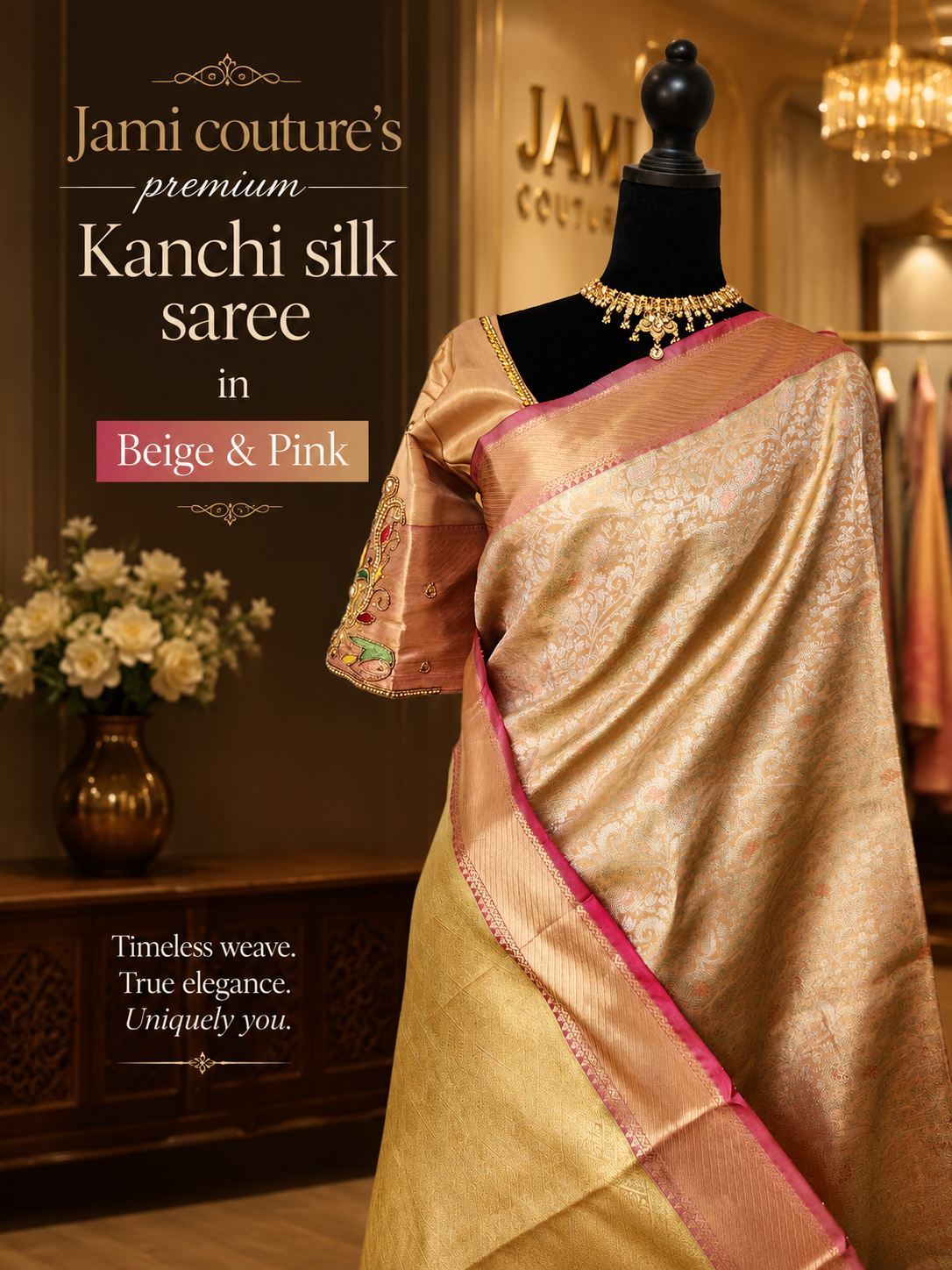 Gold Kanchivaram Silk Saree with Silver Brocade Weave & Pink Border | Maggam Work Stitched Blouse