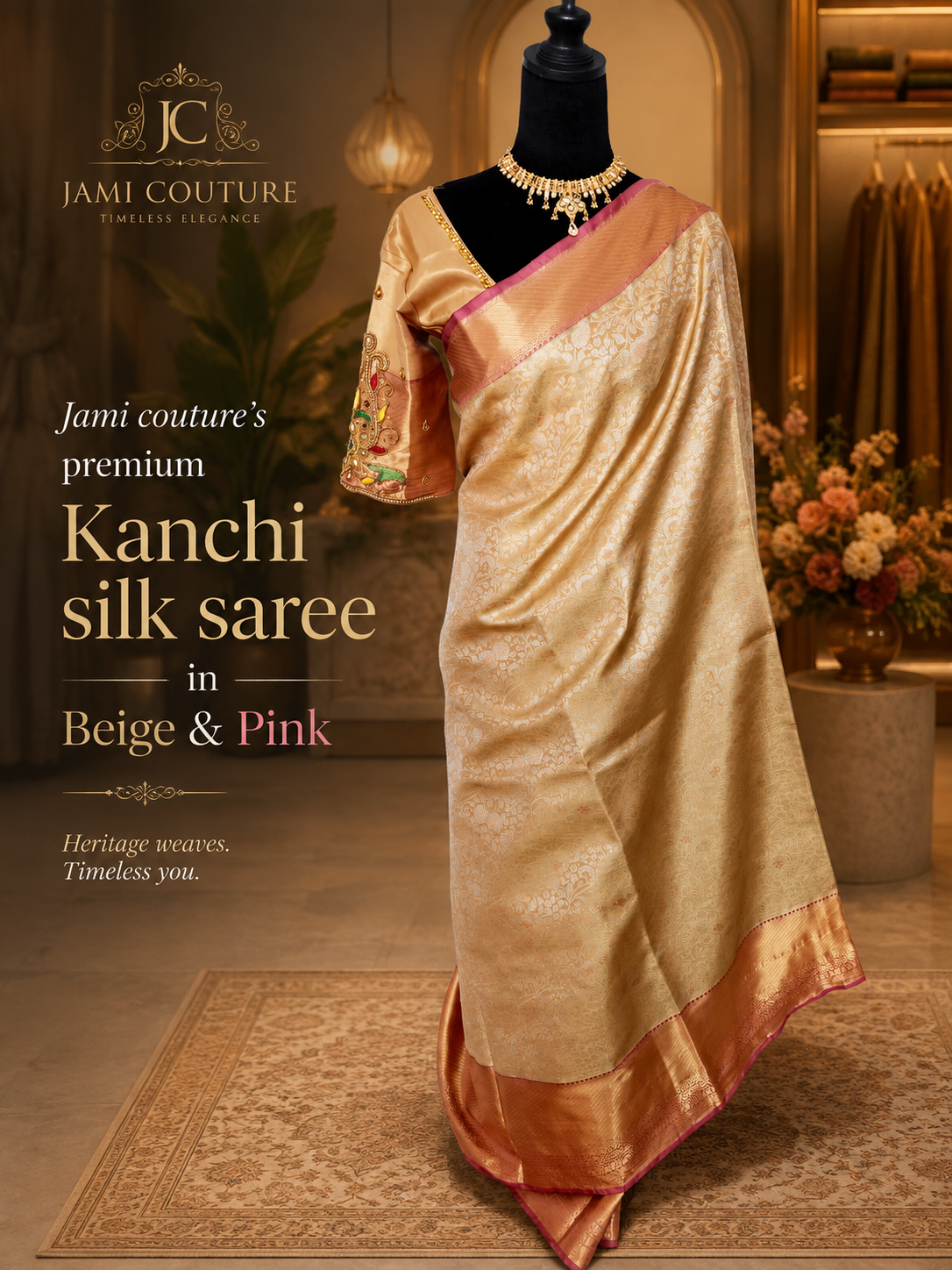Gold Kanchivaram Silk Saree with Silver Brocade Weave & Pink Border | Maggam Work Stitched Blouse
