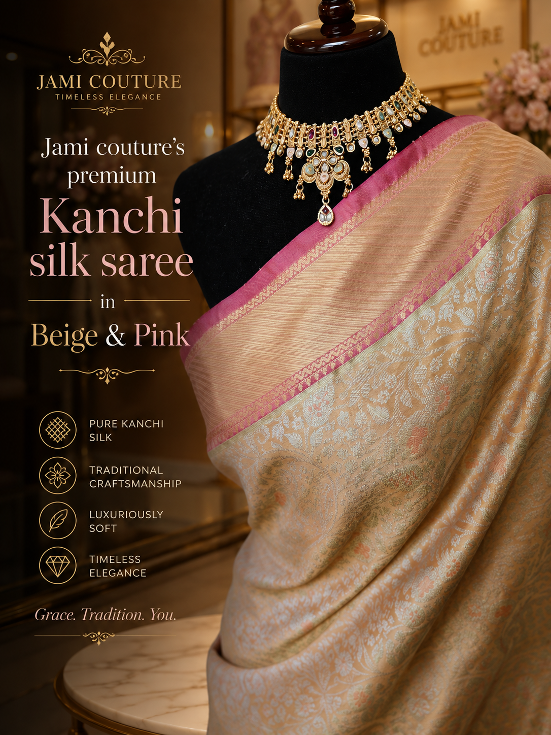 Gold Kanchivaram Silk Saree with Silver Brocade Weave & Pink Border | Maggam Work Stitched Blouse