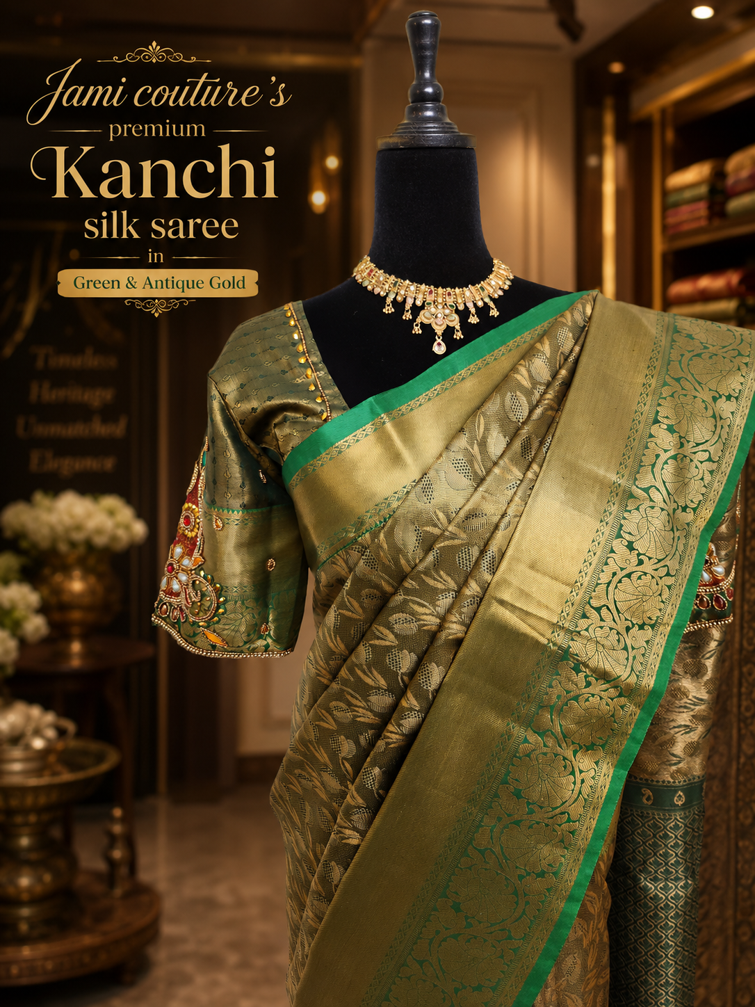 Green & Antique Gold Kanchivaram Silk Saree with Zari Weave | Maggam Work Stitched Blouse