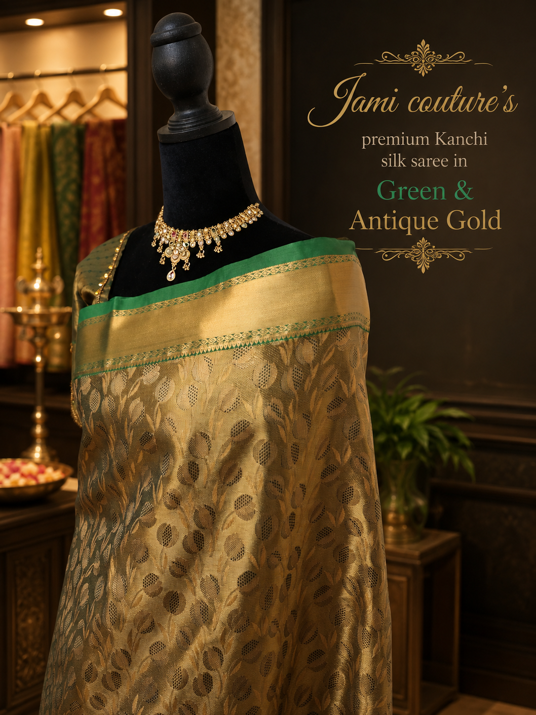 Green & Antique Gold Kanchivaram Silk Saree with Zari Weave | Maggam Work Stitched Blouse