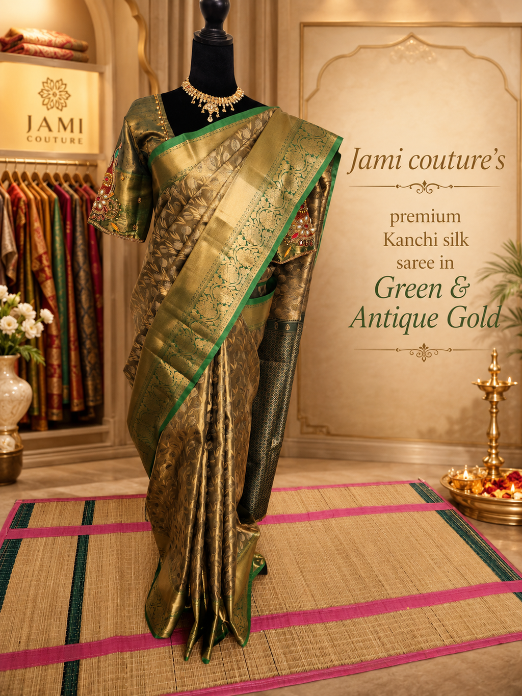 Green & Antique Gold Kanchivaram Silk Saree with Zari Weave | Maggam Work Stitched Blouse
