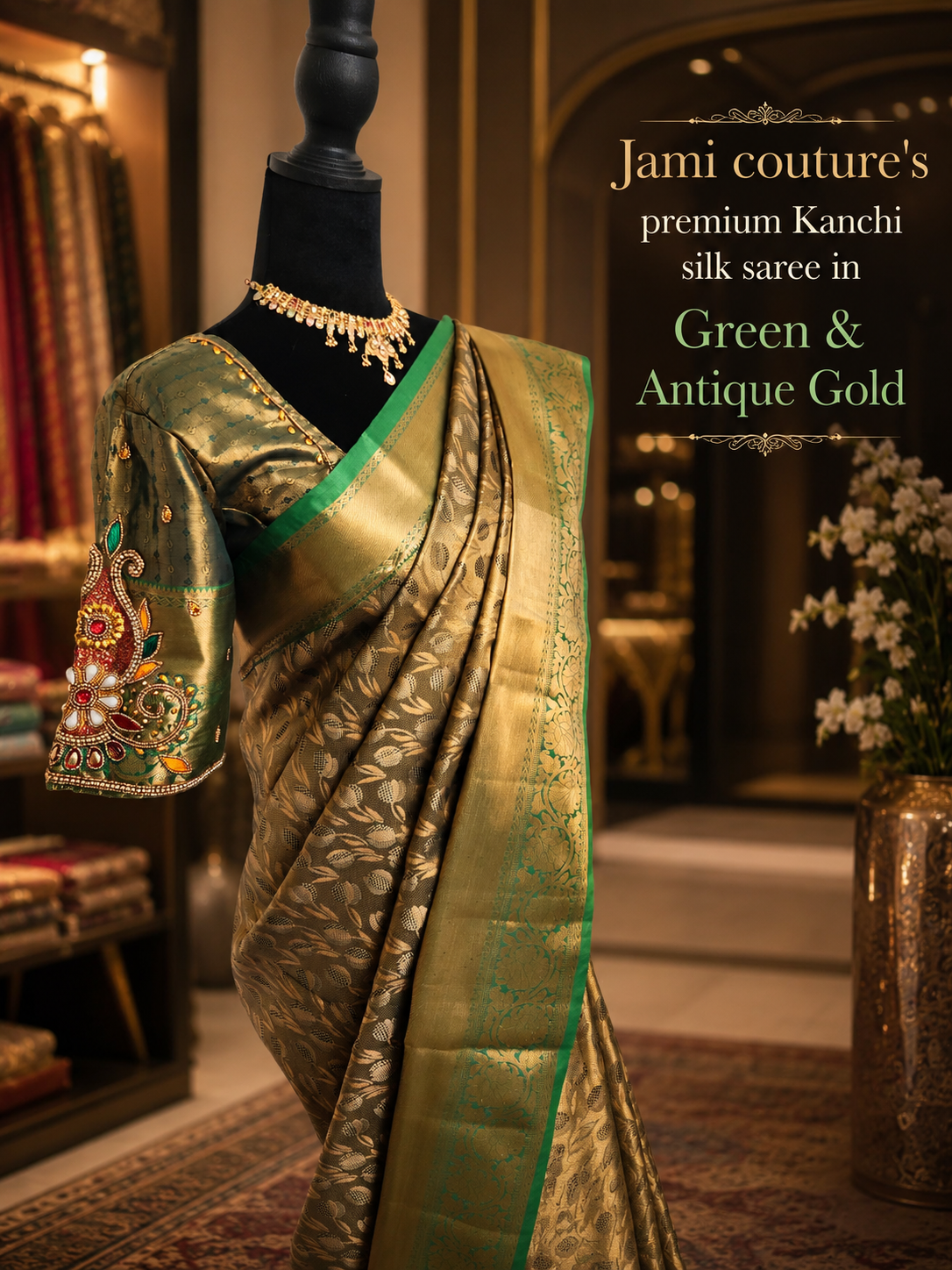 Green & Antique Gold Kanchivaram Silk Saree with Zari Weave | Maggam Work Stitched Blouse