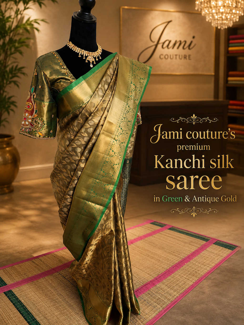 Green & Antique Gold Kanchivaram Silk Saree with Zari Weave | Maggam Work Stitched Blouse