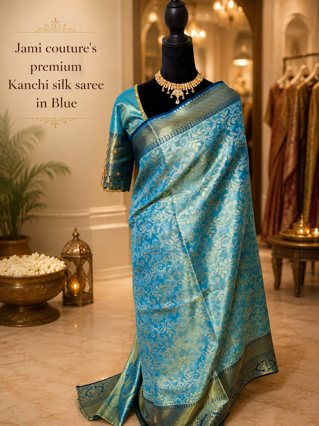 Peacock Blue Kanchivaram Silk Saree with Gold Floral Zari Weave | Maggam Work Stitched Blouse