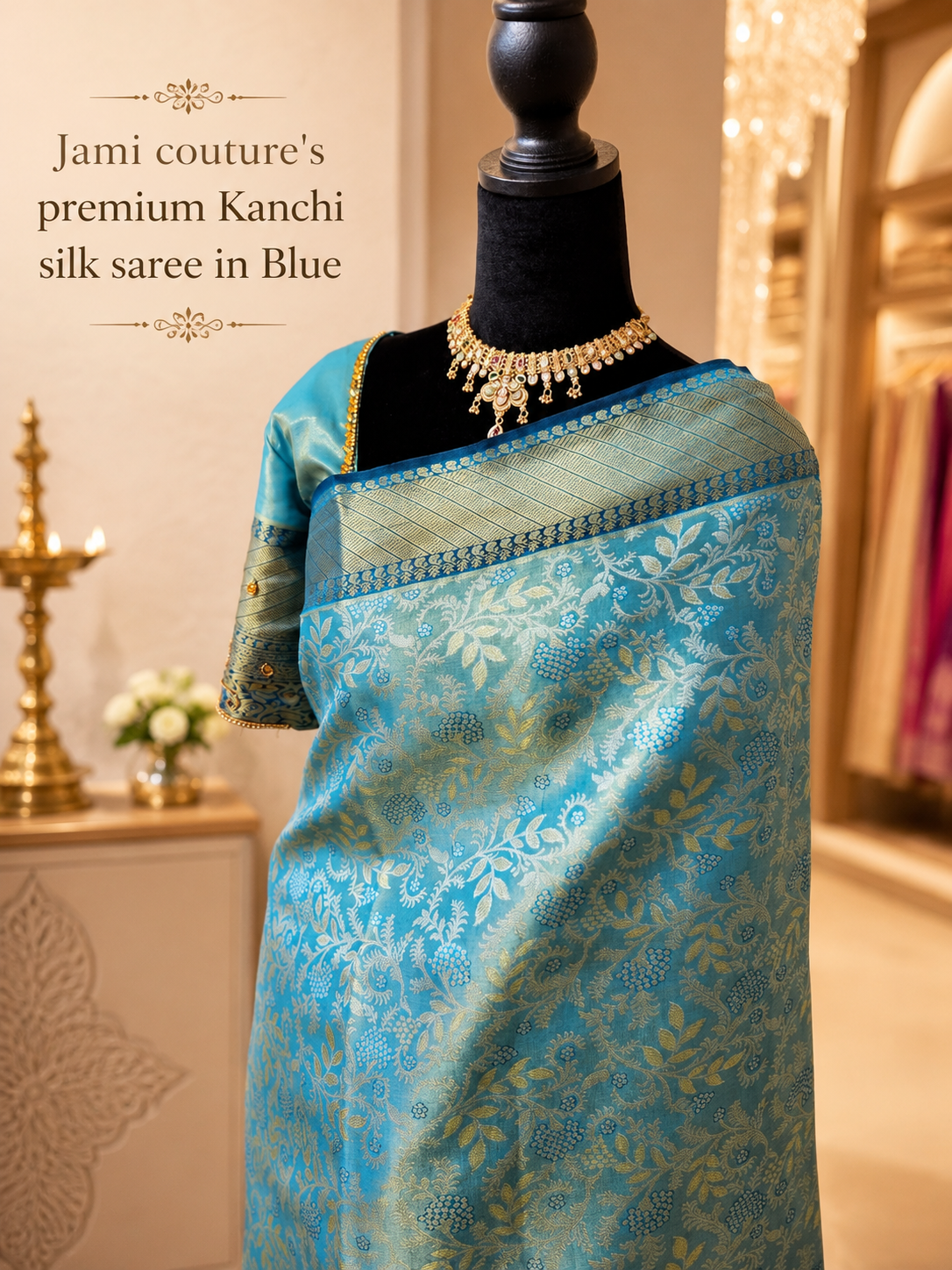 Peacock Blue Kanchivaram Silk Saree with Gold Floral Zari Weave | Maggam Work Stitched Blouse