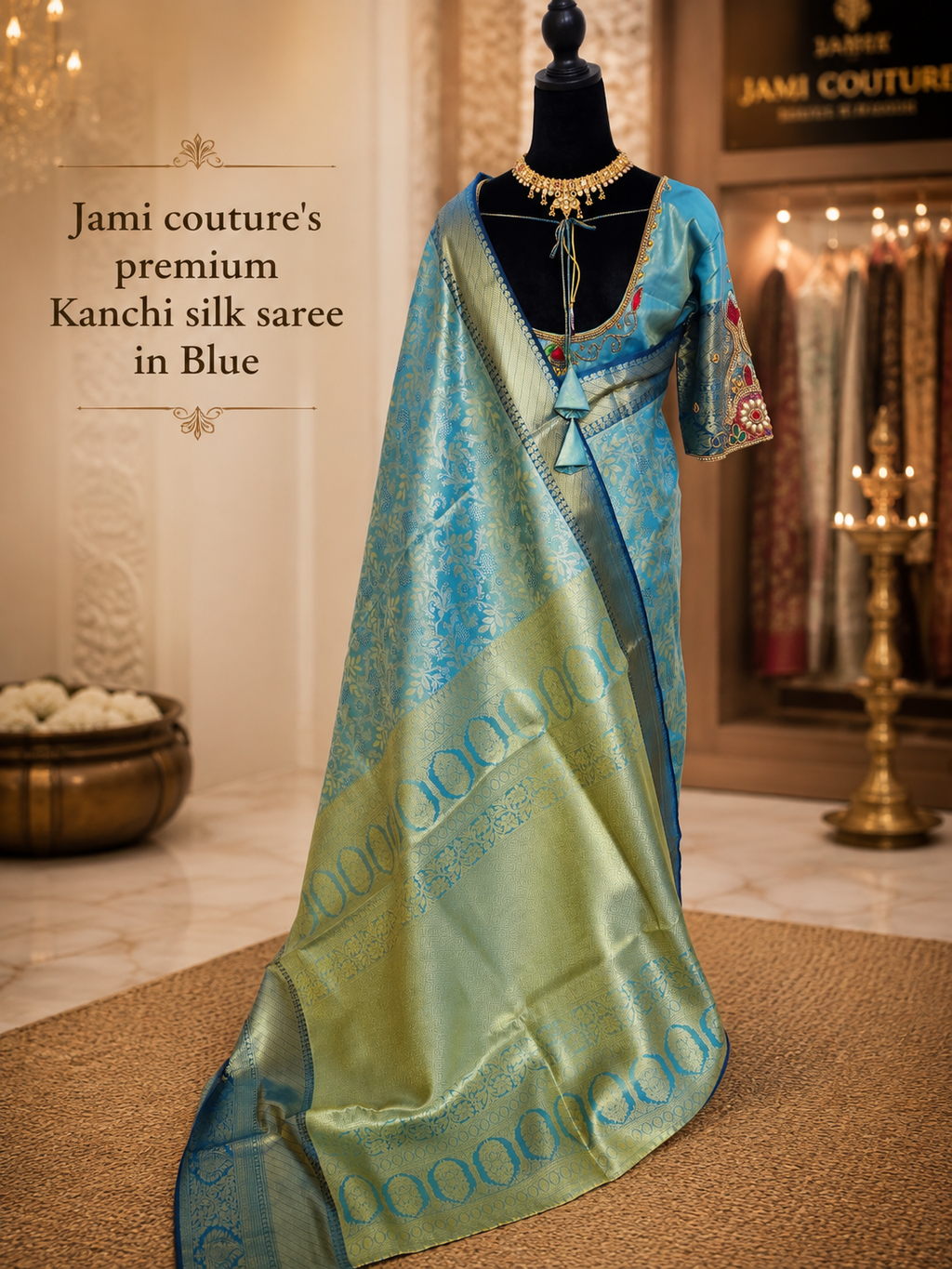 Peacock Blue Kanchivaram Silk Saree with Gold Floral Zari Weave | Maggam Work Stitched Blouse