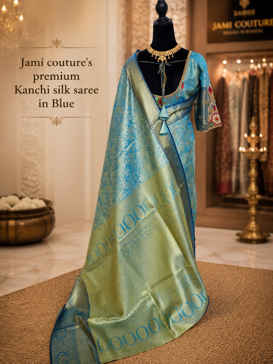 Peacock Blue Kanchivaram Silk Saree with Gold Floral Zari Weave | Maggam Work Stitched Blouse