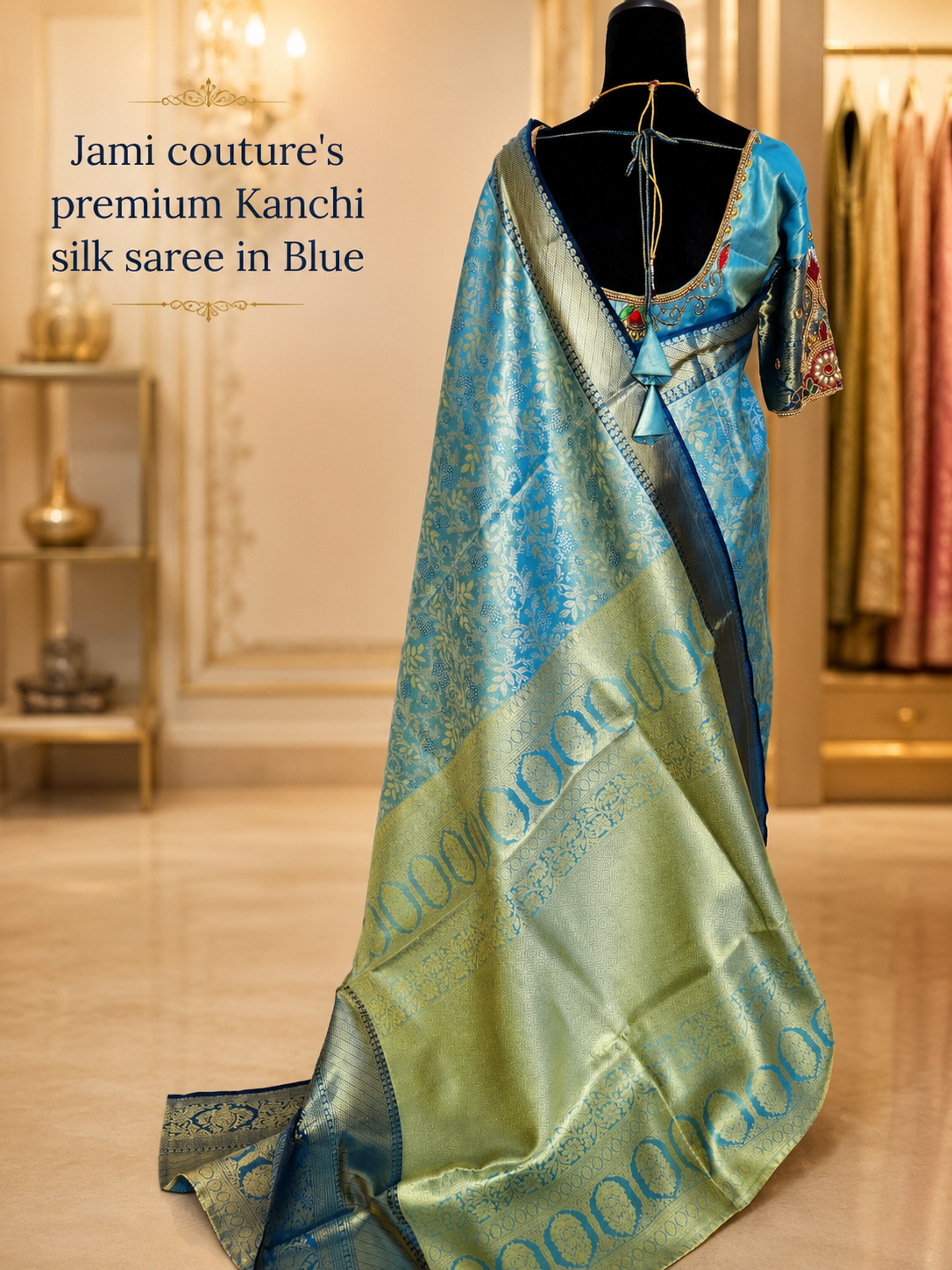 Peacock Blue Kanchivaram Silk Saree with Gold Floral Zari Weave | Maggam Work Stitched Blouse