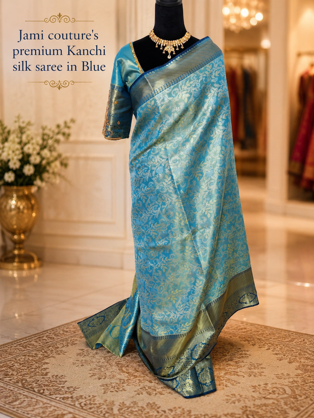 Peacock Blue Kanchivaram Silk Saree with Gold Floral Zari Weave | Maggam Work Stitched Blouse