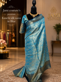 Peacock Blue Kanchivaram Silk Saree with Gold Floral Zari Weave | Maggam Work Stitched Blouse