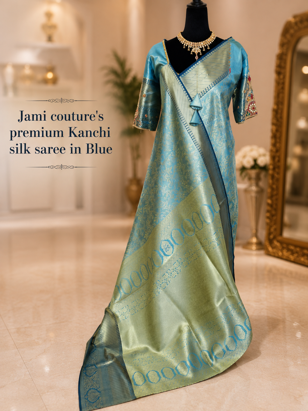 Peacock Blue Kanchivaram Silk Saree with Gold Floral Zari Weave | Maggam Work Stitched Blouse