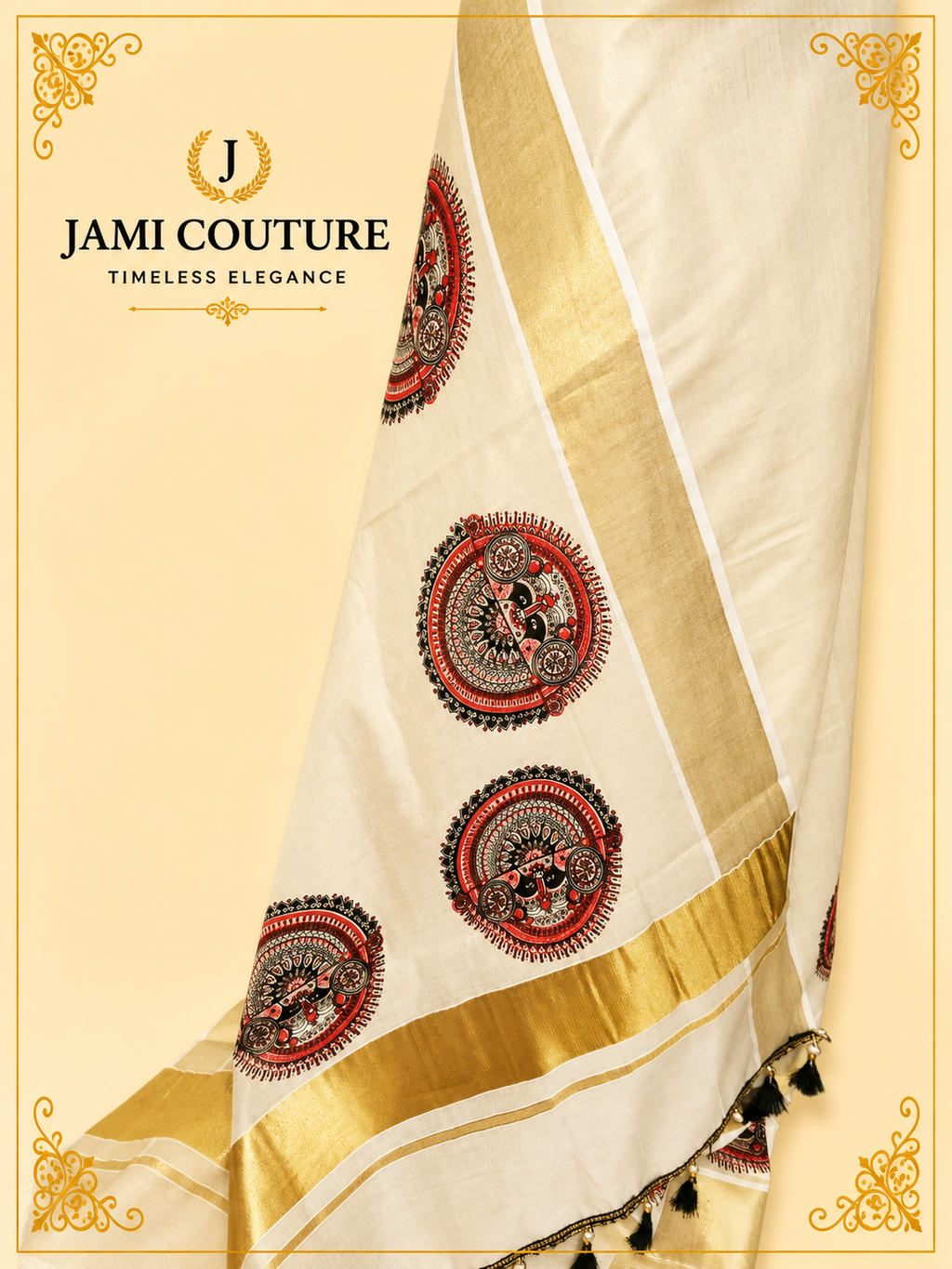 Cream & Gold Kerala Tissue Silk Saree with Kathakali Motifs & Zari Border | Premium Traditional Saree