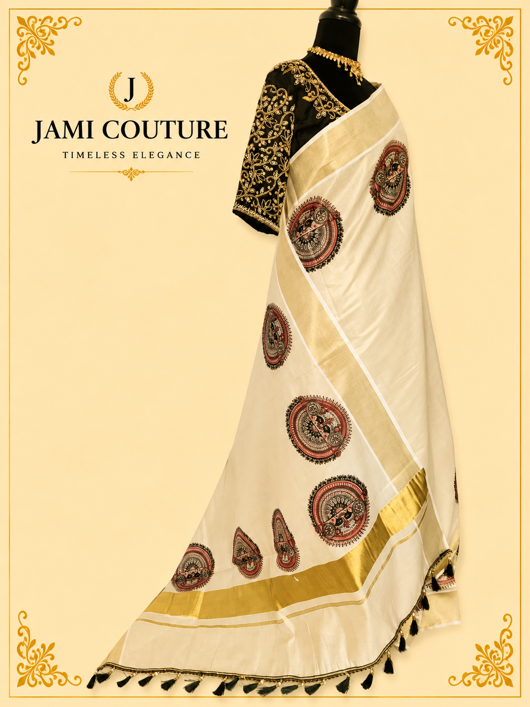 Cream & Gold Kerala Tissue Silk Saree with Kathakali Motifs & Zari Border | Premium Traditional Saree