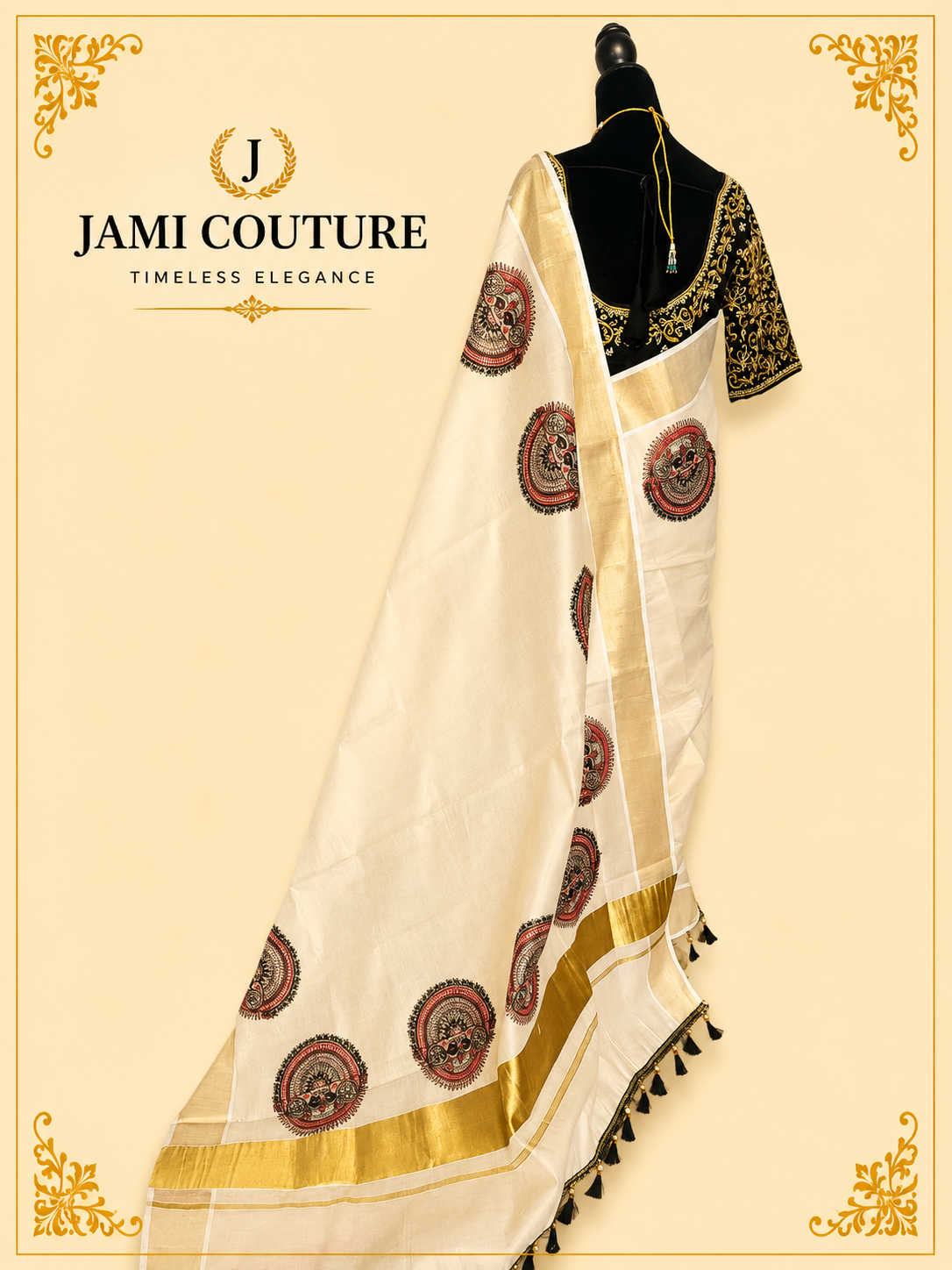 Cream & Gold Kerala Tissue Silk Saree with Kathakali Motifs & Zari Border | Premium Traditional Saree